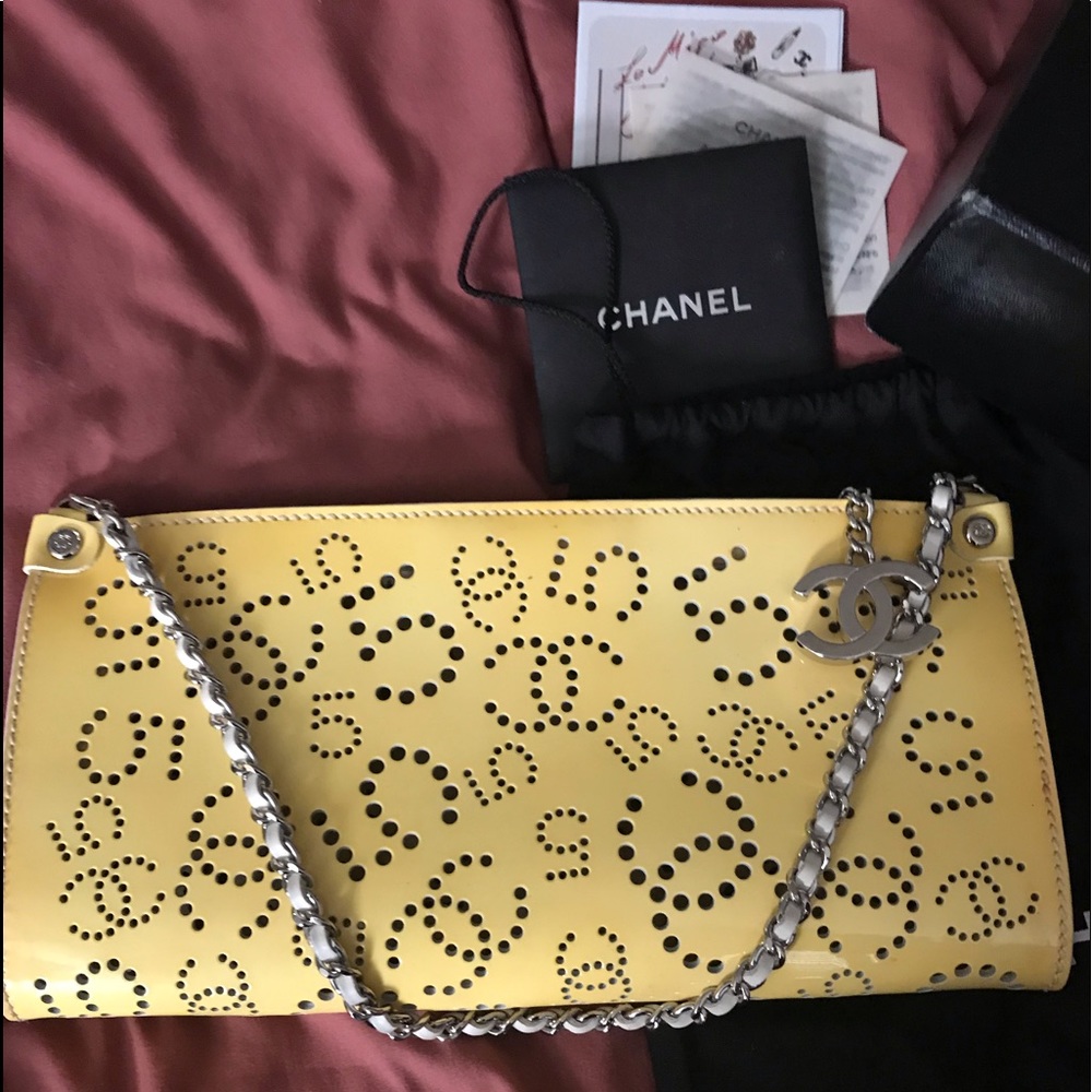 CHANEL CC NO5 yellow perforated patent clutch